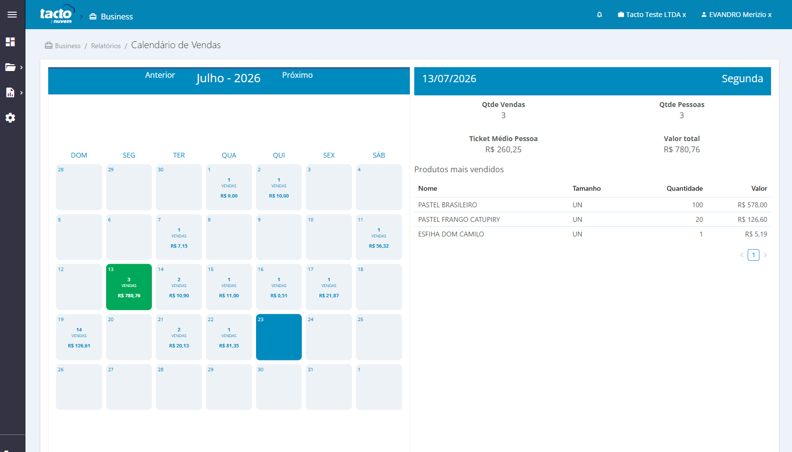 Calendário de vendas do Tacto Business